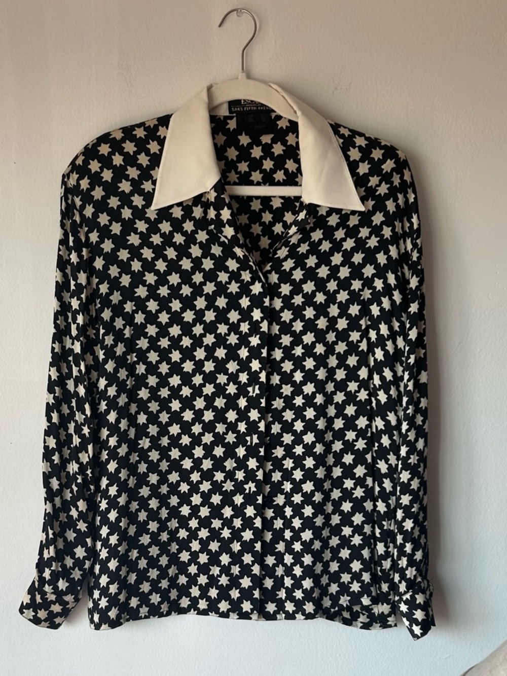 Vintage Escada Navy and White Star Print Blouse with White Collar. 100% Silk